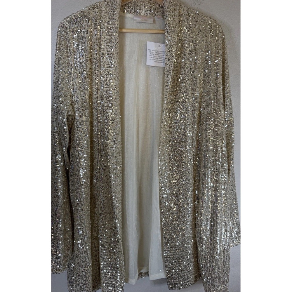 Jingle Belles by Kim Gravel Sequin Duster Cardigan Jacket Champagne Gold Medium